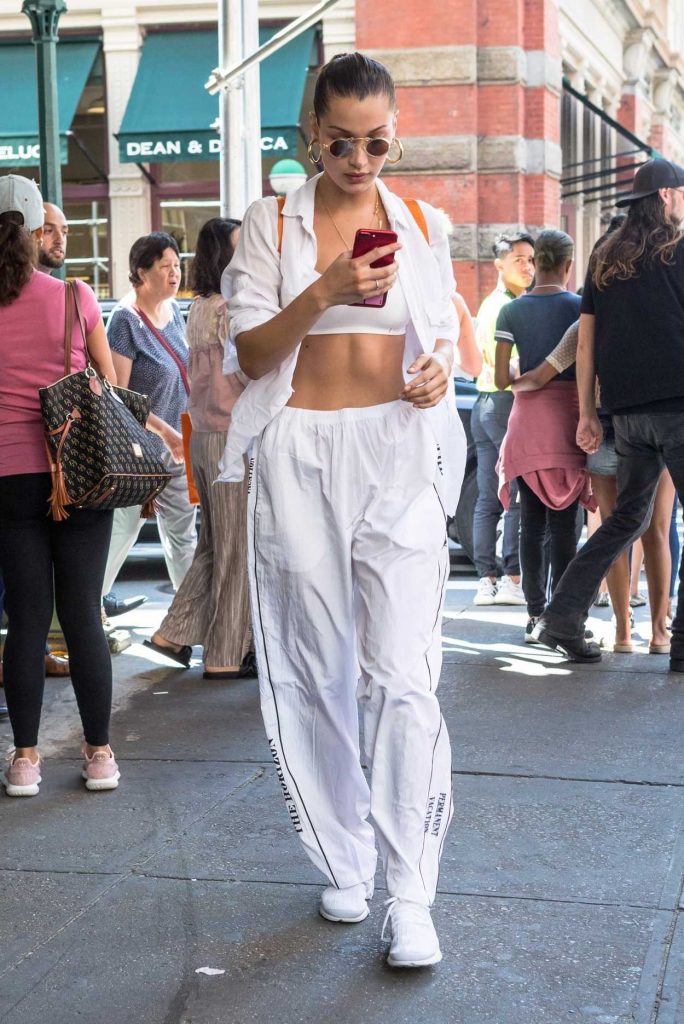 Bella Hadid Wears a White Tracksuit Out in NYC 08/24/2017-1