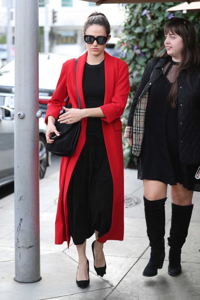 Emmy Rossum Wears a Long Red Coat in Beverly Hills 11/16/2017-1