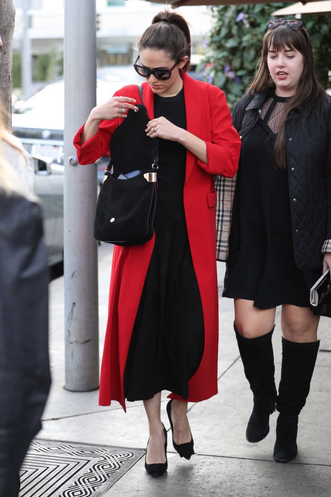 Emmy Rossum Wears a Long Red Coat in Beverly Hills 11/16/2017-2