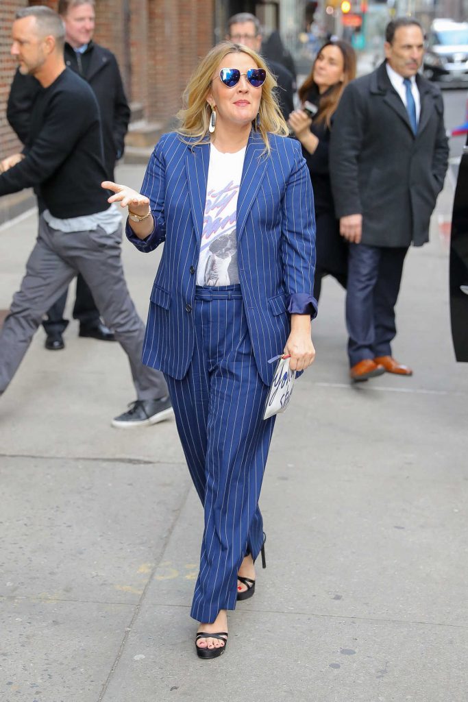 Drew Barrymore Wears a Blue Striped Suit Out in NYC 03/19/2018-1