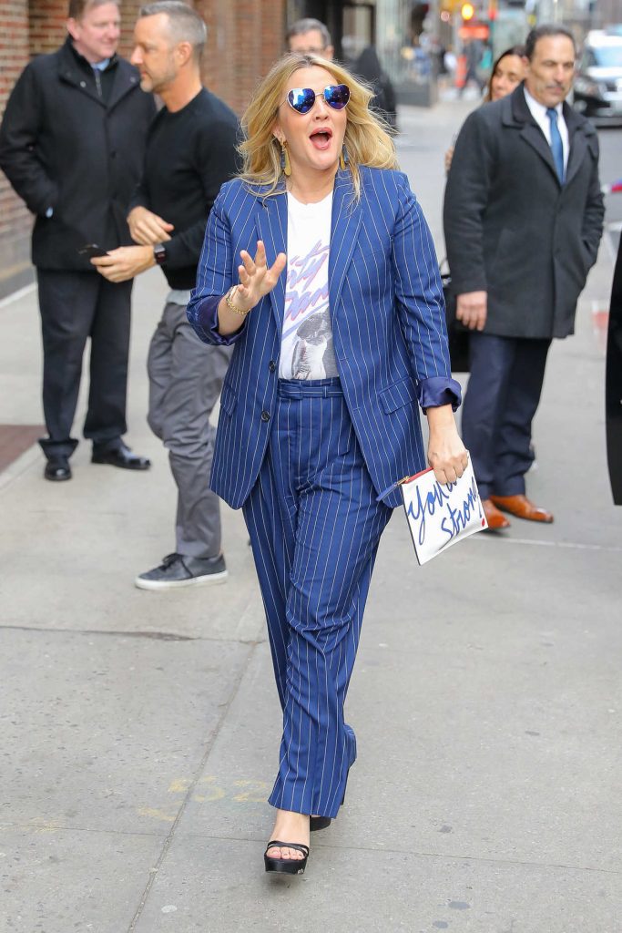 Drew Barrymore Wears a Blue Striped Suit Out in NYC 03/19/2018-2