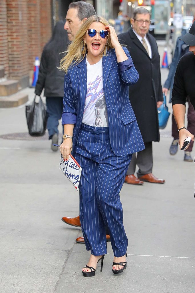 Drew Barrymore Wears a Blue Striped Suit Out in NYC 03/19/2018-3