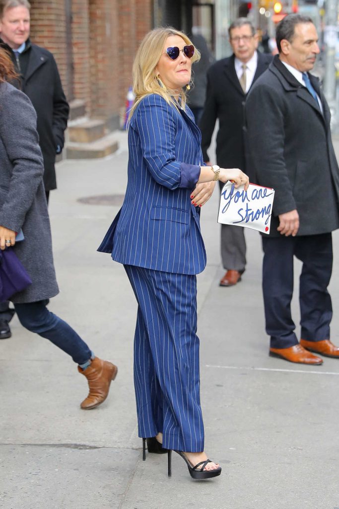 Drew Barrymore Wears a Blue Striped Suit Out in NYC 03/19/2018-4