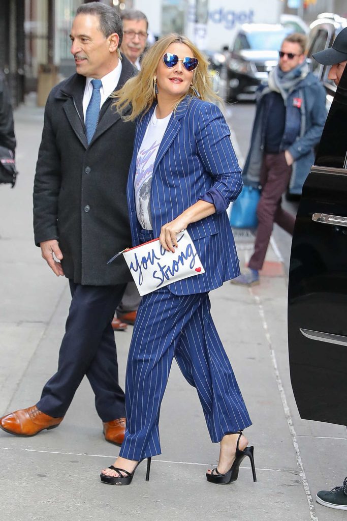 Drew Barrymore Wears a Blue Striped Suit Out in NYC 03/19/2018-5