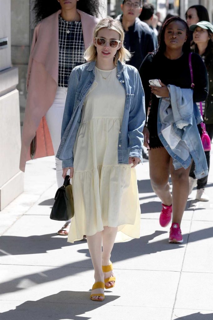 Emma Roberts Wears a Sundress with a Denim Jacket in Beverly Hills 03/17/2018-1