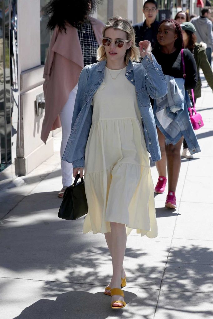 Emma Roberts Wears a Sundress with a Denim Jacket in Beverly Hills 03/17/2018-3