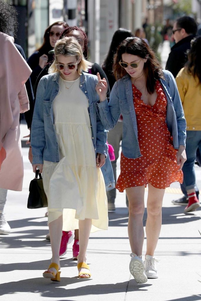 Emma Roberts Wears a Sundress with a Denim Jacket in Beverly Hills 03/17/2018-4