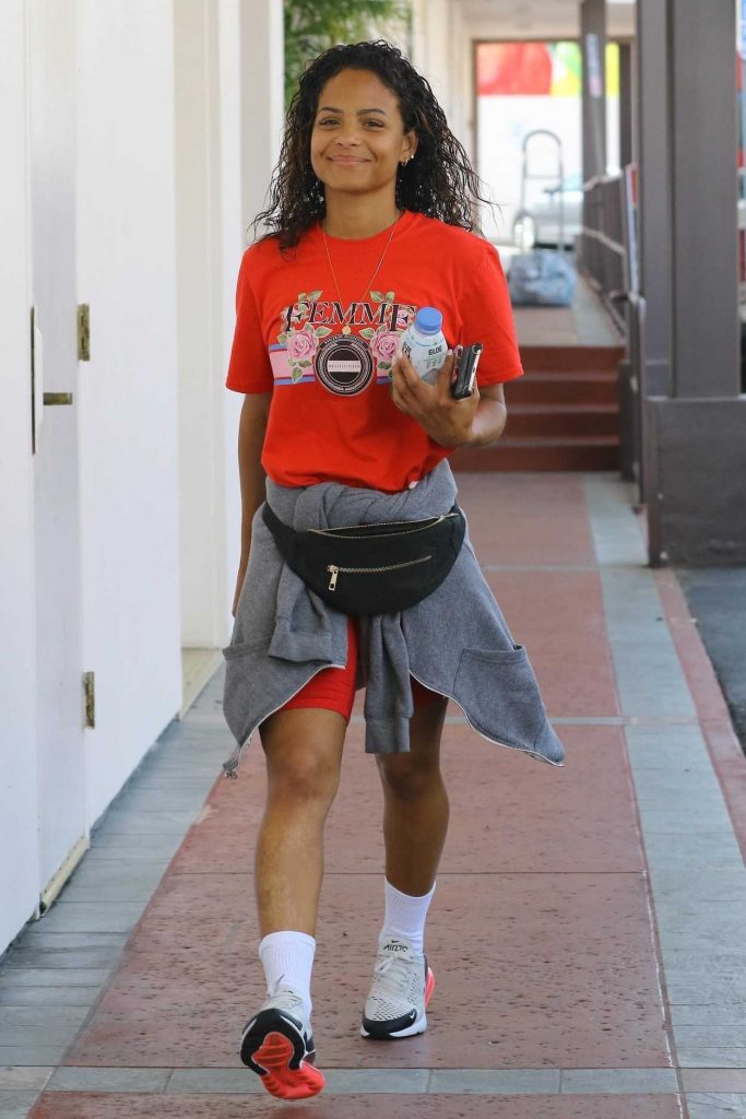 Christina Milian Wears a Red T-Shirt Out in Studio City 04/03/2018-3