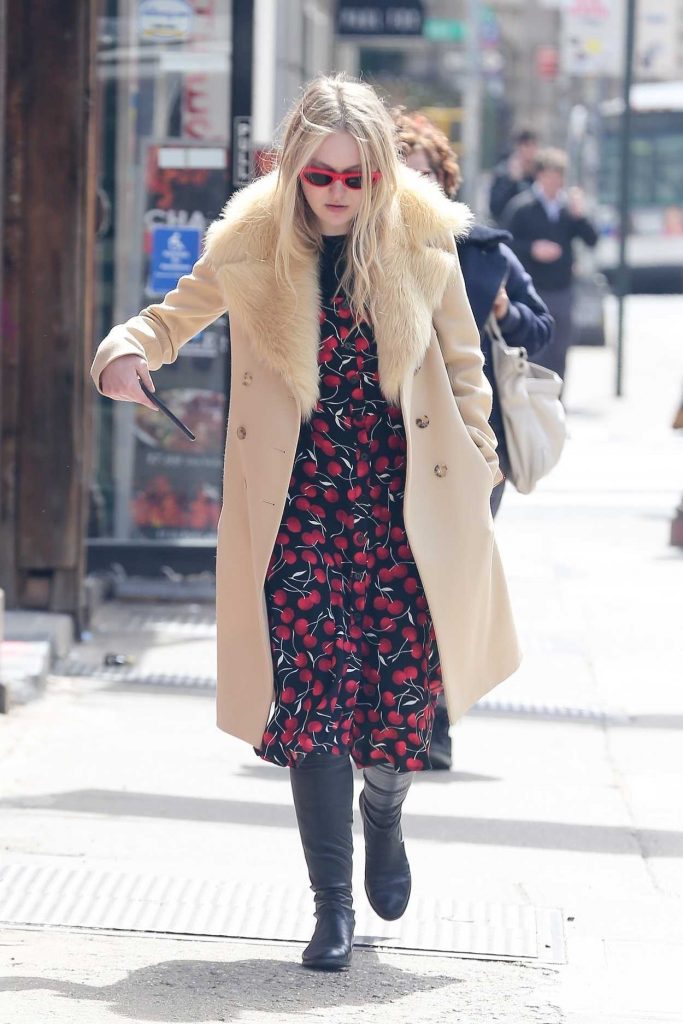 Dakota Fanning Wears Cherry Print Dress Out in NYC 04/09/2018-3