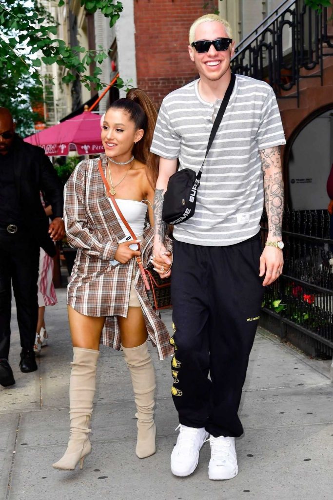 Ariana Grande in a Large Checkered Shirt Goes Shopping at Barney's New York Out with and Pete Davidson in New York City 07/16/2018-1