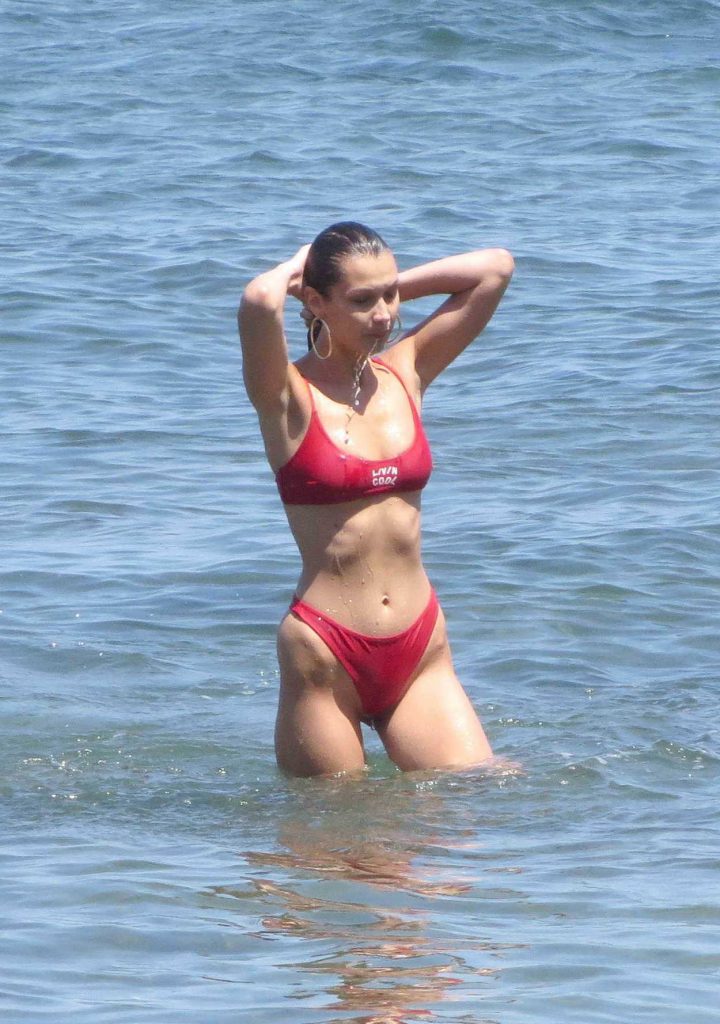 Bella Hadid Wears a Red Thong Bikini on the Beach in Malibu 07/04/2018-4