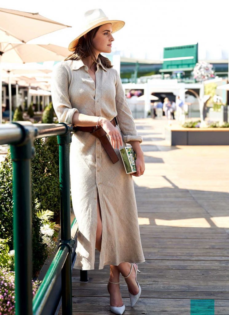 Emma Watson Wears a Long Beige Dress as She Arrives at Wimbledon Tennis Championships in London 07/15/2018-1