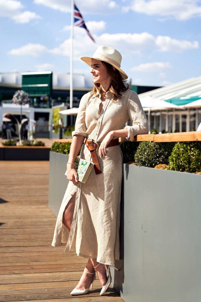 Emma Watson Wears a Long Beige Dress as She Arrives at Wimbledon Tennis Championships in London 07/15/2018-3