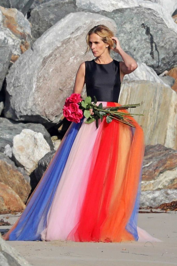 Julia Roberts in a Long Rainbow Skirt During a Photoshoot on the Beach in Malibu 07/20/2018-1