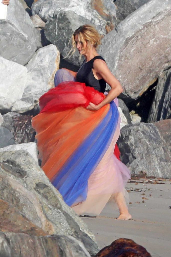Julia Roberts in a Long Rainbow Skirt During a Photoshoot on the Beach in Malibu 07/20/2018-4