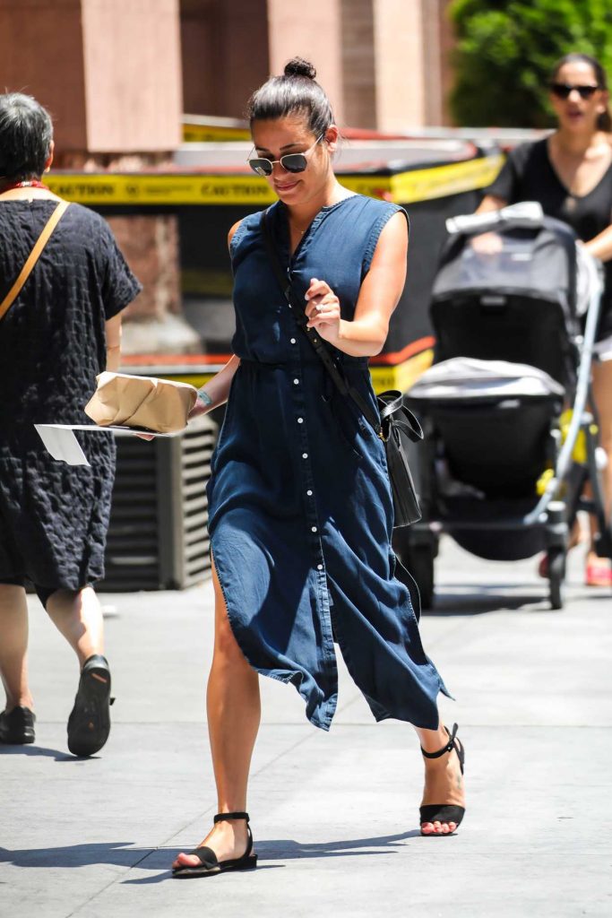 Lea Michele in a Long Denim Dress Grags Some Food in New York City 07/16/2018-2