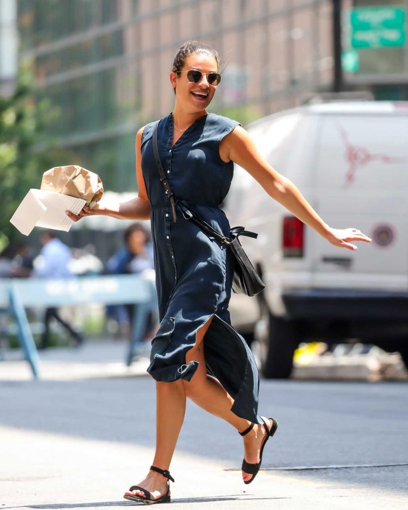 Lea Michele in a Long Denim Dress Grags Some Food in New York City 07/16/2018-3