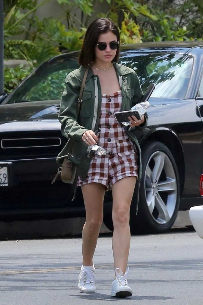 Lucy Hale Wears a Short Checkered Dress Out in Los Angeles 07/18/2018-5
