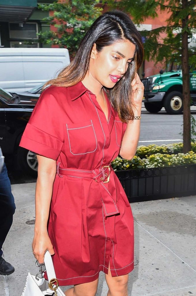Priyanka Chopra Wears a Red Belted Shirt Dress Out in New York City 07/03/2018-5