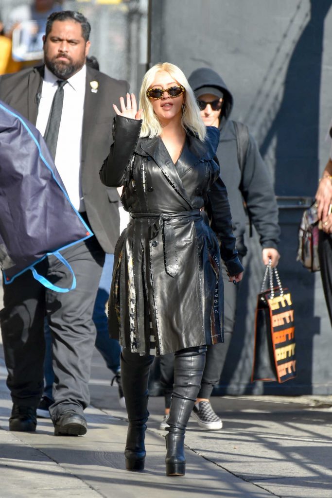 Christina Aguilera in a Black Leather Trench Coat