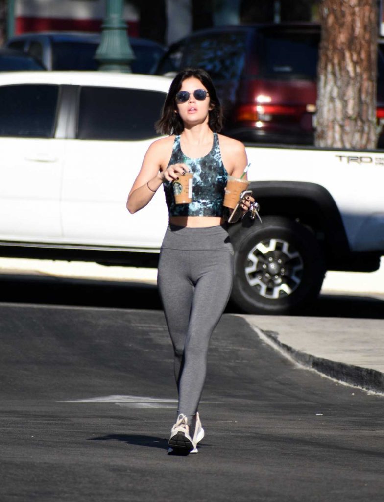 Lucy Hale in a Grey Tights and a Crop Top
