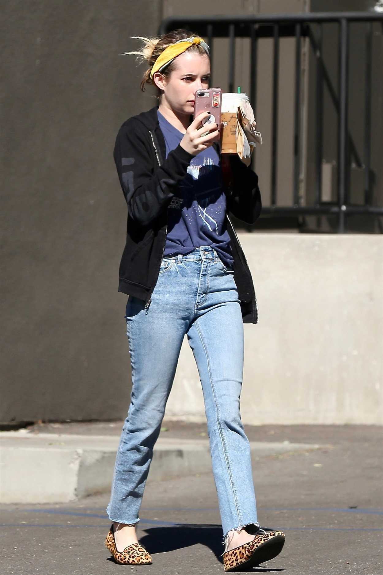 Emma Roberts in an Animal Print Pumps Stops by Starbucks in Los Feliz ...
