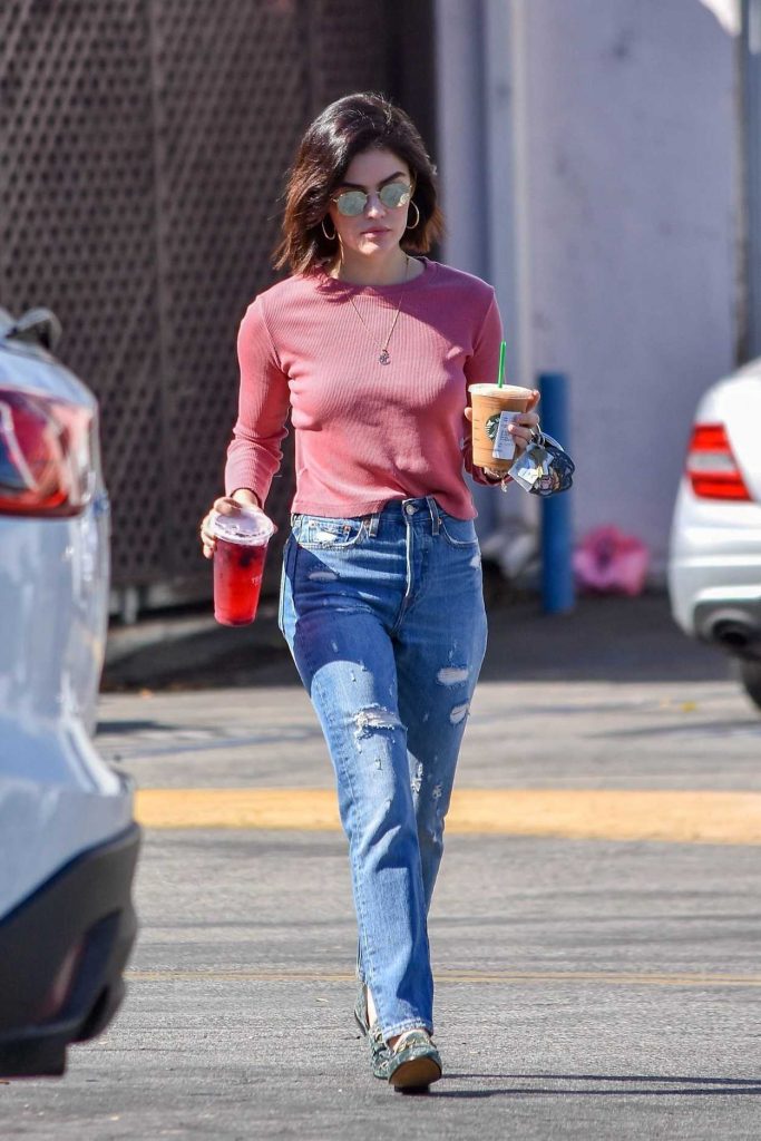 Lucy Hale in a Pink Long Sleeves T-Shirt