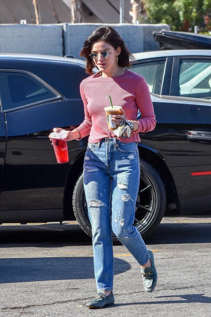 Lucy Hale in a Pink Long Sleeves T-Shirt
