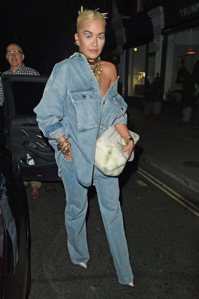 Rita Ora in a Blue Denim Suit