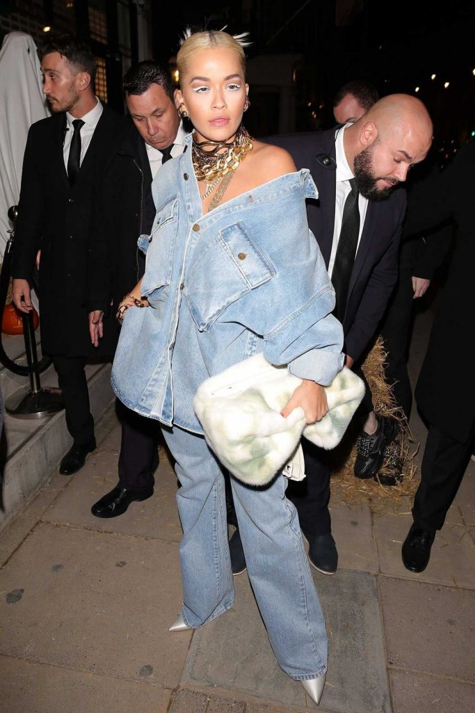 Rita Ora in a Blue Denim Suit