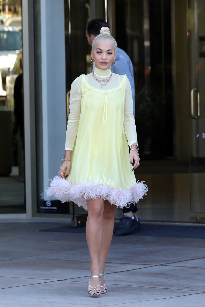 Rita Ora in a Yellow Babydoll Dress