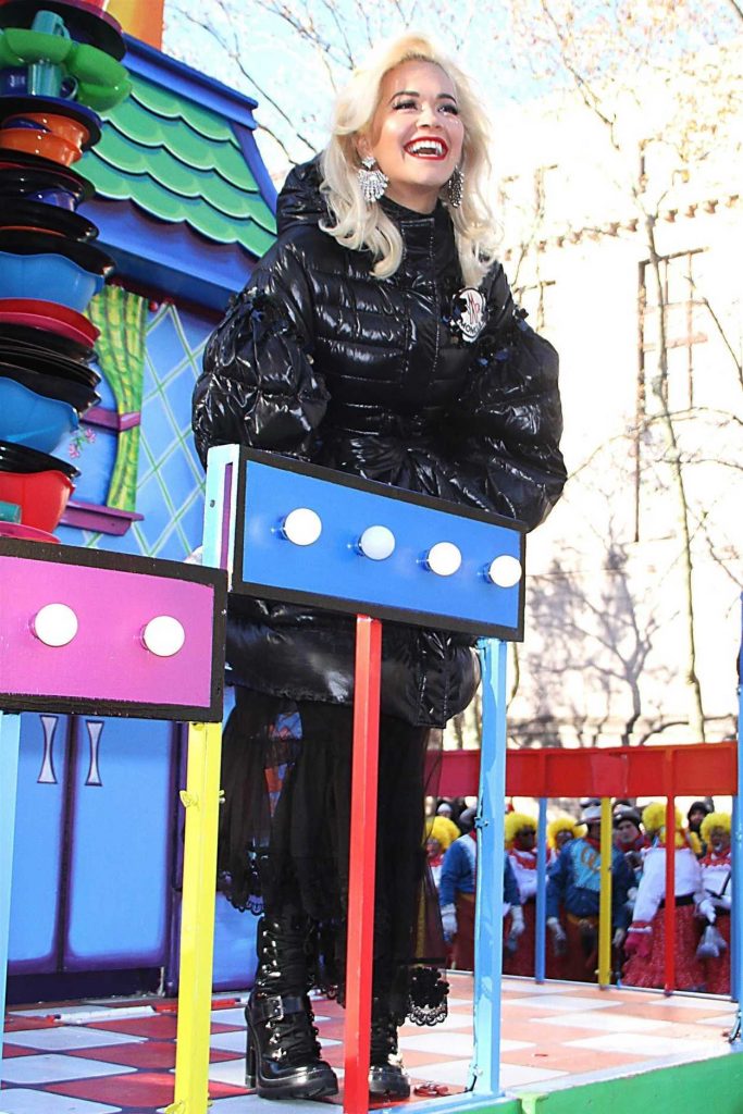 Rita Ora in a Black Down-Padded Coat