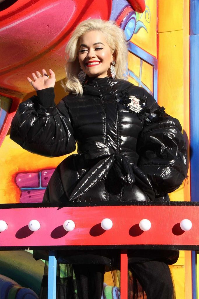 Rita Ora in a Black Down-Padded Coat