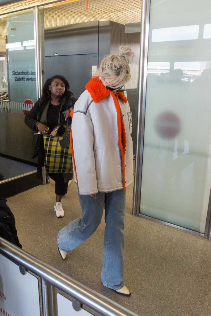 Rita Ora in a Gray Sheepskin Coat