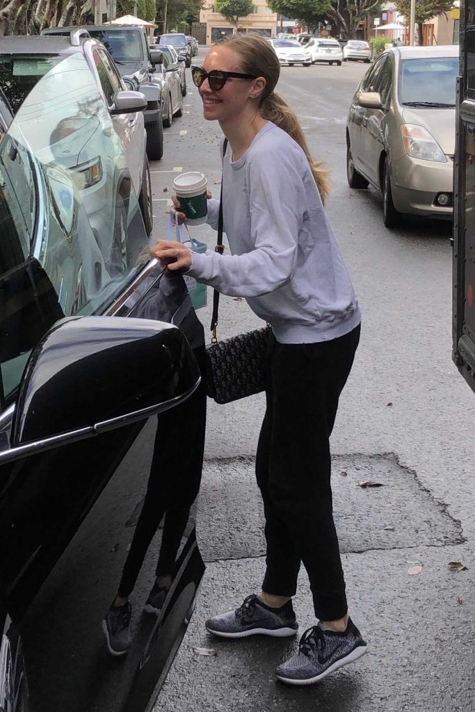 Amanda Seyfried in a Gray Long Sleeves T-Shirt