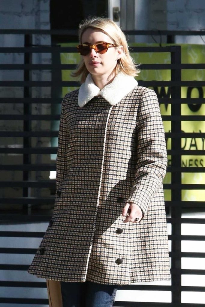 Emma Roberts in a Beige Plaid Coat