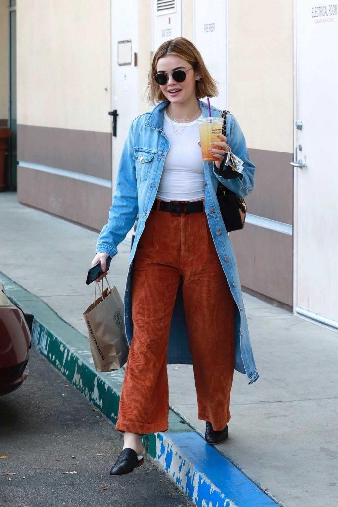 Lucy Hale in a Blue Denim Trench Coat