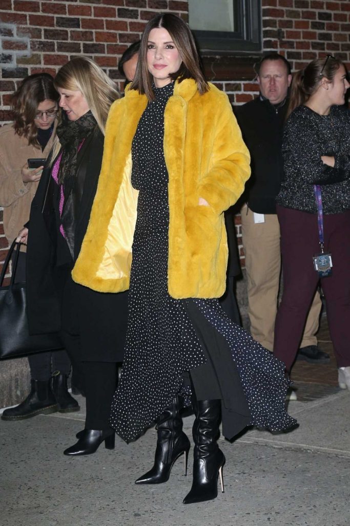 Sandra Bullock in a Short Yellow Fur Coat 