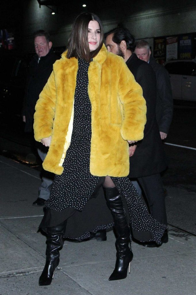 Sandra Bullock in a Short Yellow Fur Coat