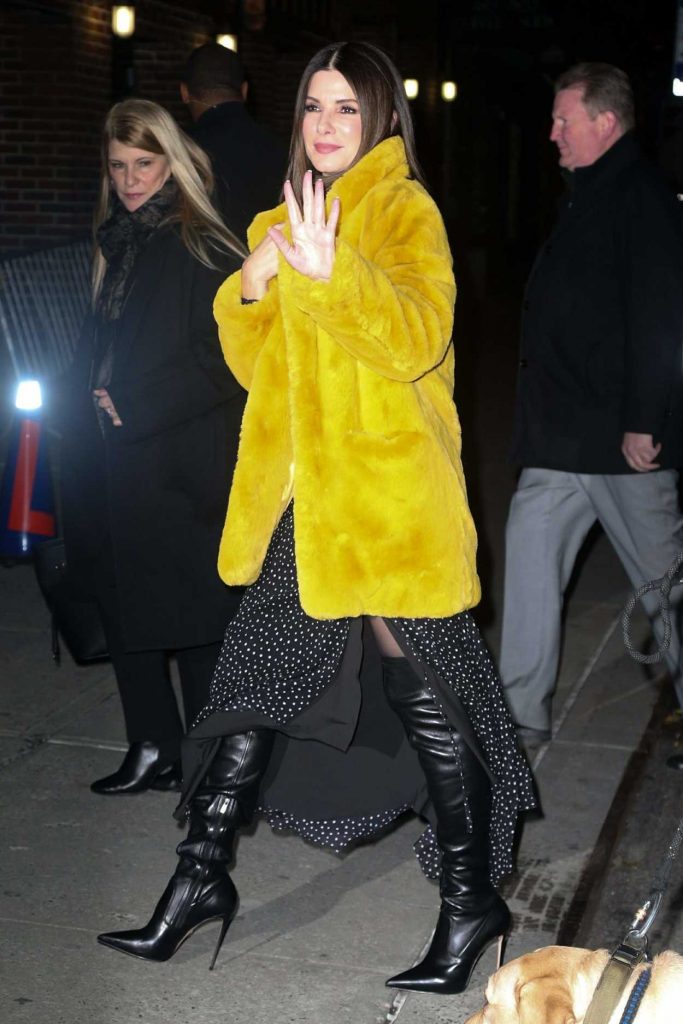 Sandra Bullock in a Short Yellow Fur Coat