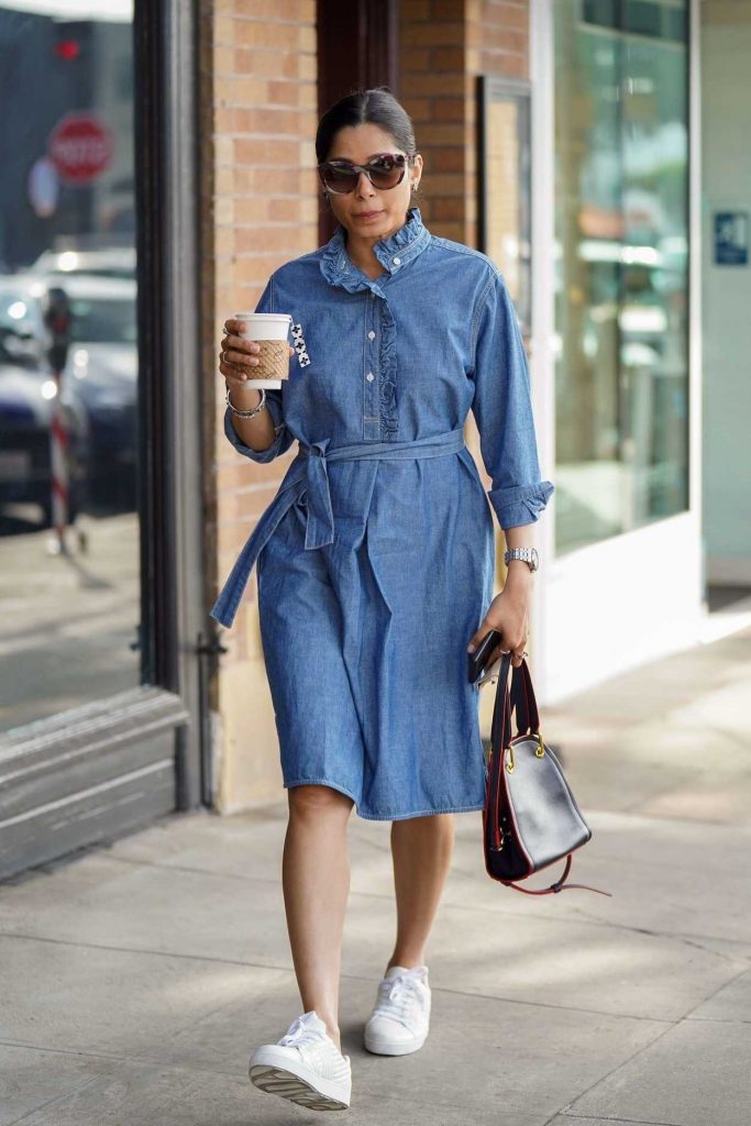 Freida Pinto in a Blue Denim Dress