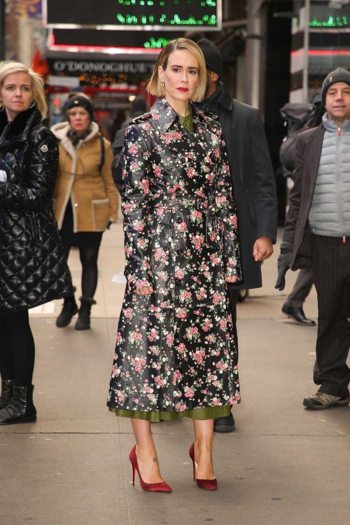 Sarah Paulson in a Black Floral Trench Coat
