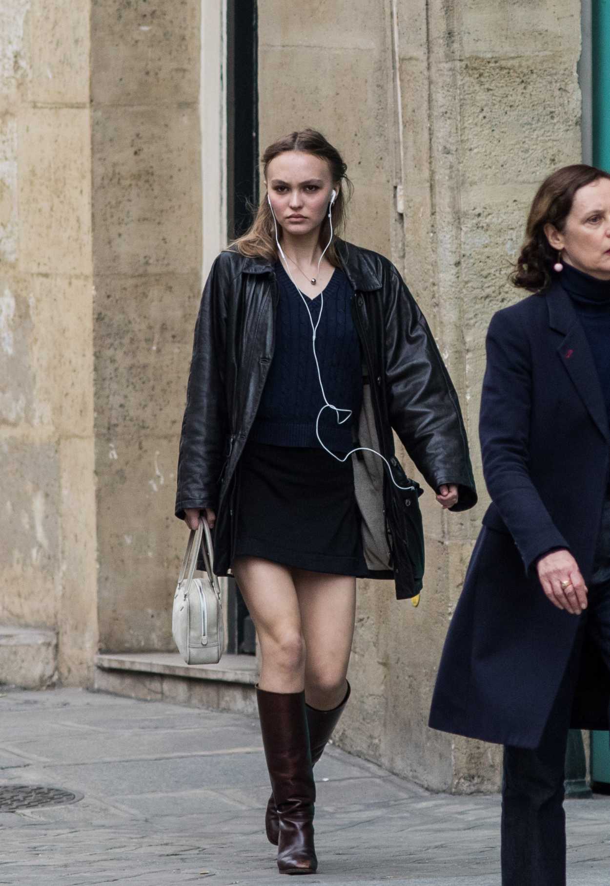 Lily-Rose Depp in a Black Leather Jacket Was Seen Out in Paris 03/23