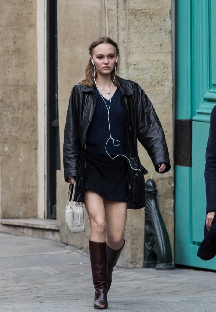 Lily-Rose Depp in a Black Leather Jacket