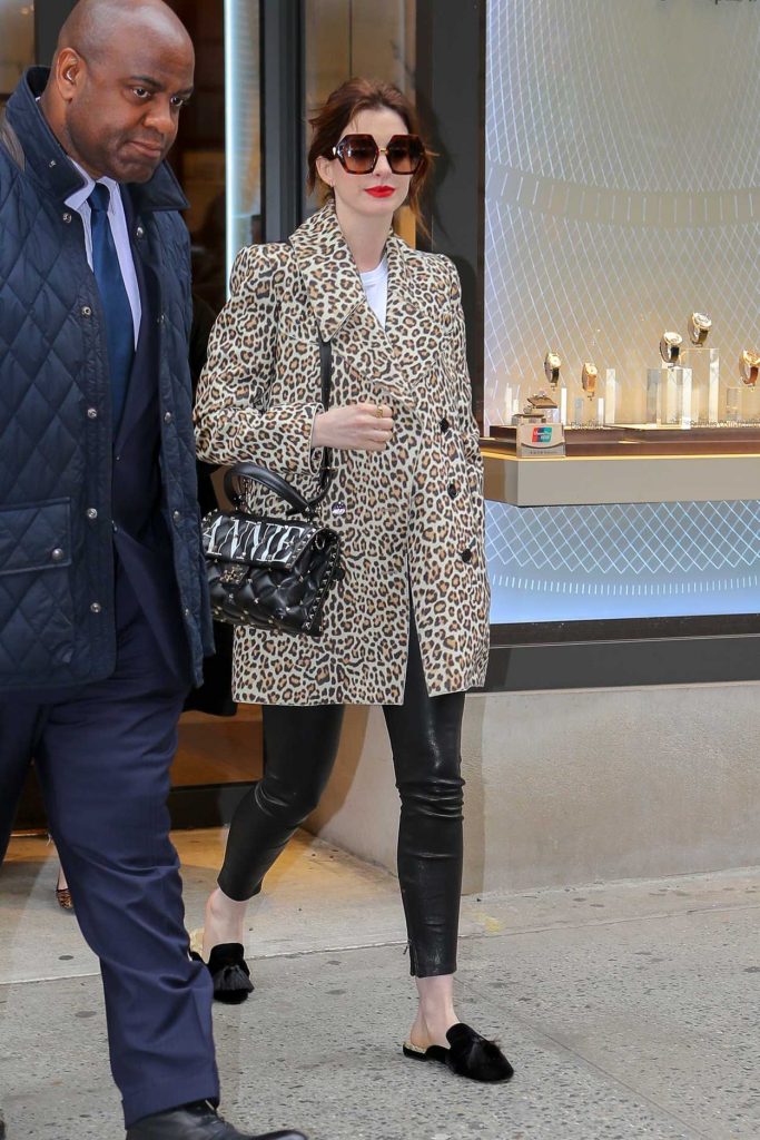 Anne Hathaway in a Leopard Print Trench Coat