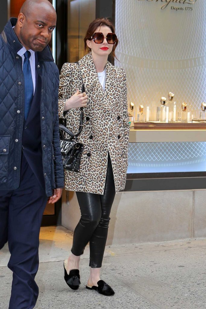 Anne Hathaway in a Leopard Print Trench Coat