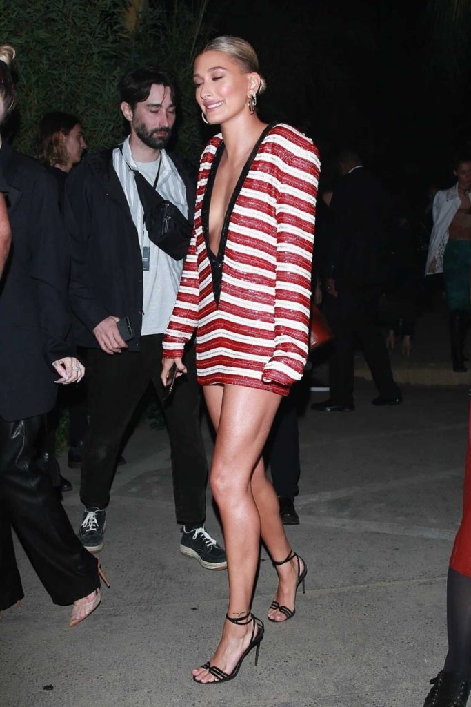 Hailey Baldwin in a Red Striped Dress