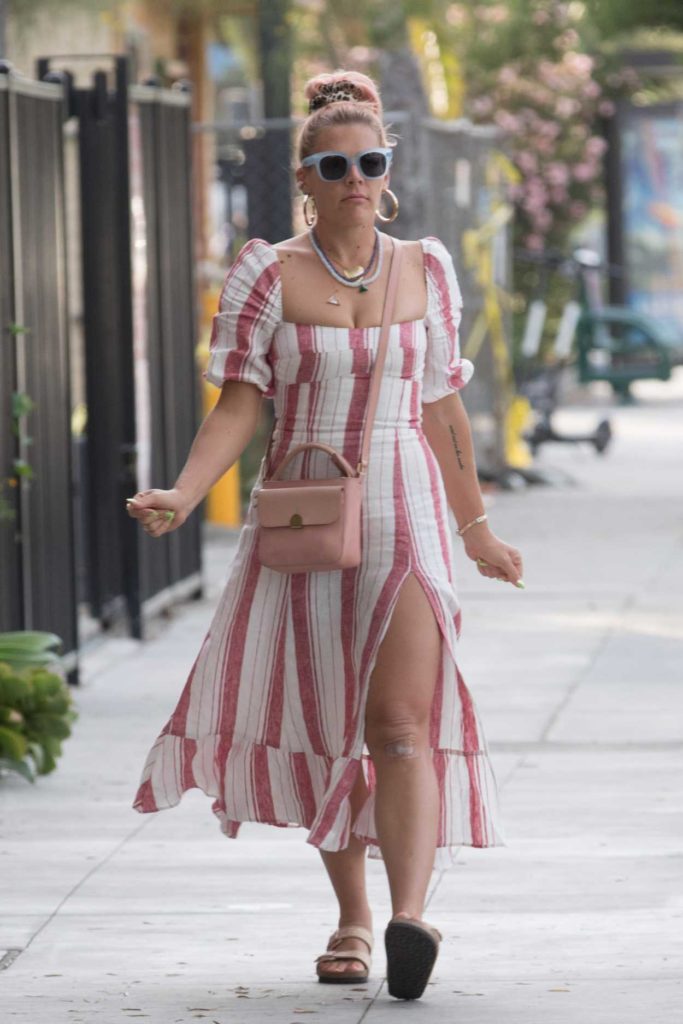Busy Philipps in a White and Pink Striped Dress