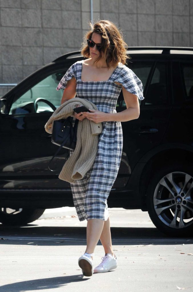 Mandy Moore in a Gray Plaid Dress