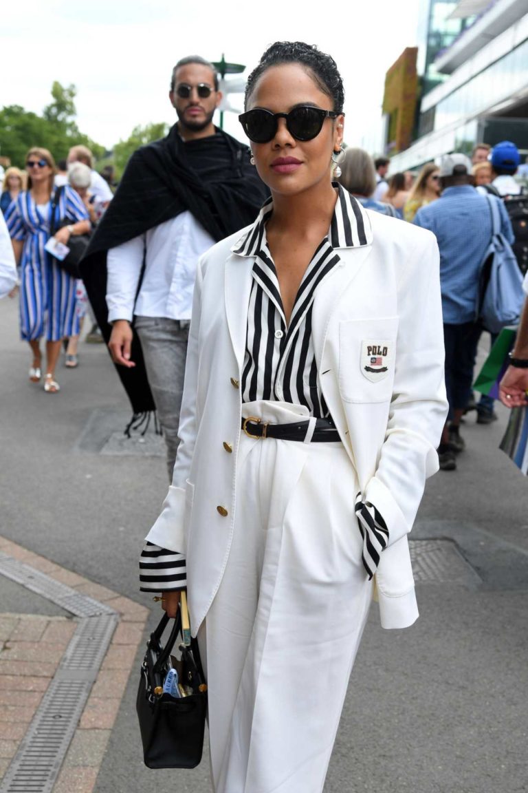 Tessa Thompson in a White Suit Arrives at 2019 Wimbledon Tennis